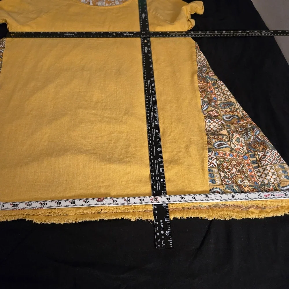 Umgee Dress Womens Large‎ Yellow Patchwork Boho Trapeze Short Sleeve Fringe Hem
